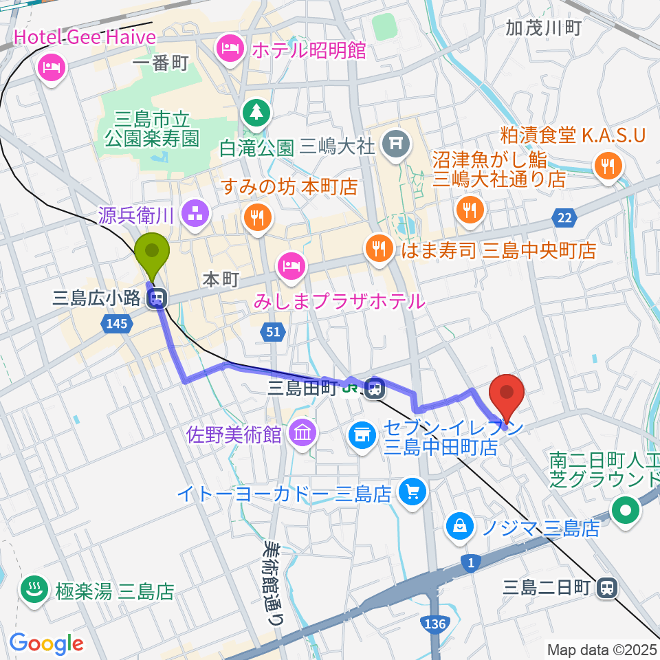 三島広小路駅からart musique 音楽教室へのルートマップ地図