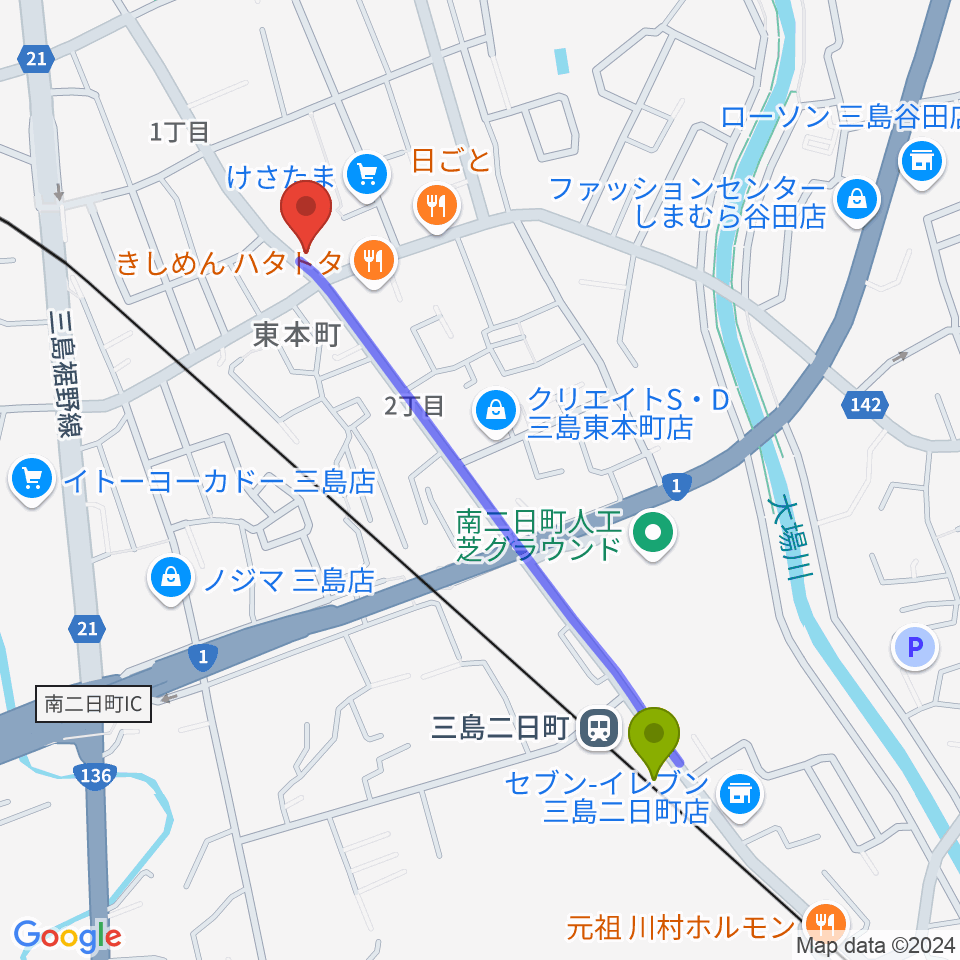 三島二日町駅からart musique 音楽教室へのルートマップ地図