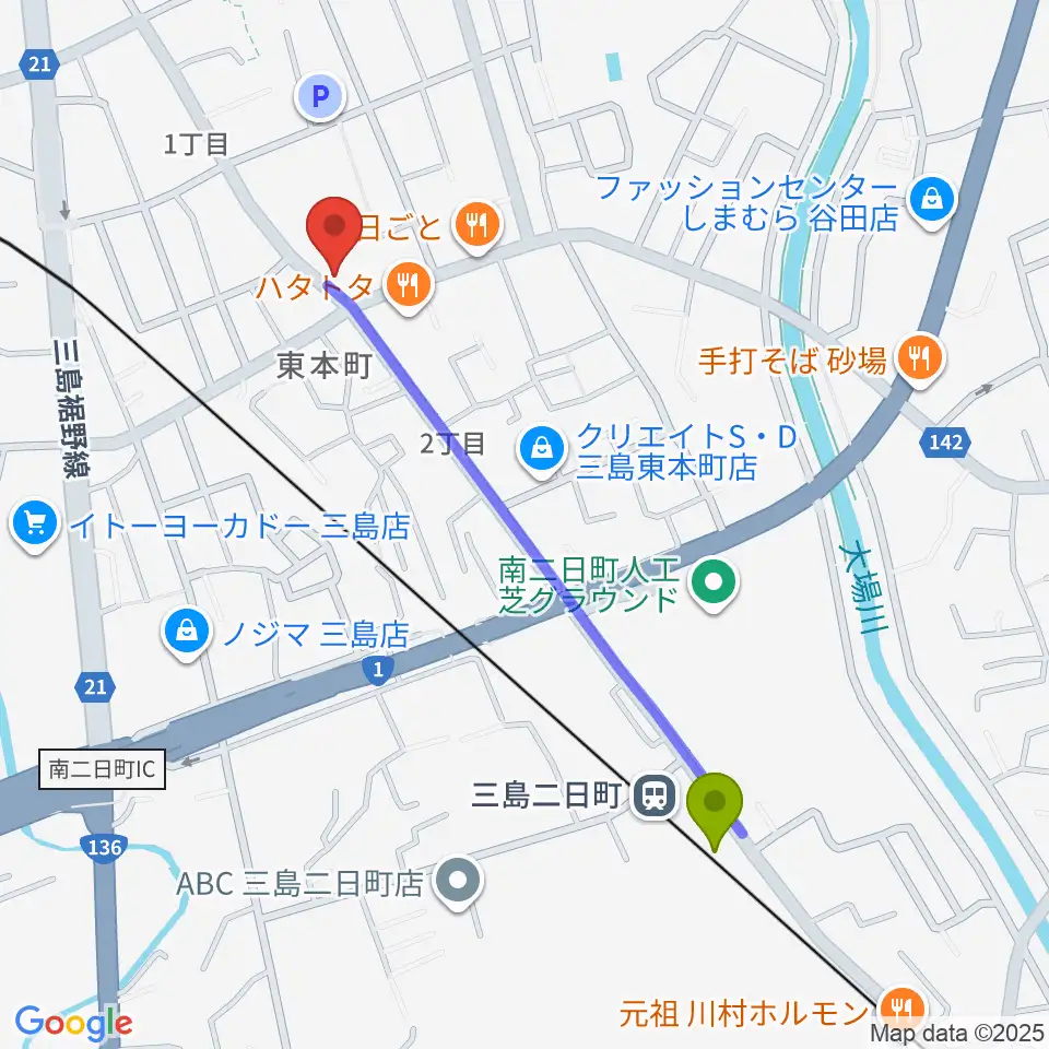 三島二日町駅からart musique 音楽教室へのルートマップ地図
