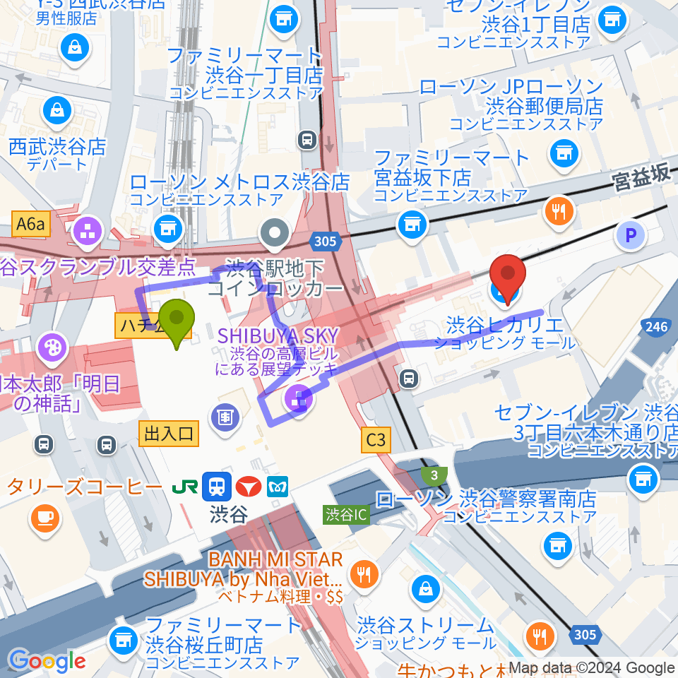 渋谷ヒカリエホールの最寄駅渋谷駅からの徒歩ルート（約4分）地図