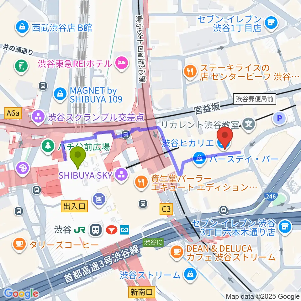 渋谷ヒカリエホールの最寄駅渋谷駅からの徒歩ルート（約4分）地図
