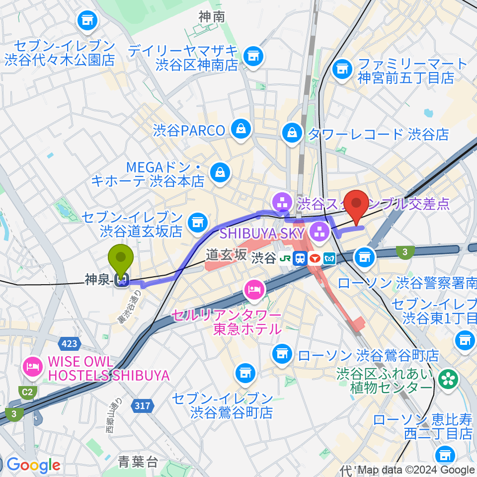 神泉駅から渋谷ヒカリエホールへのルートマップ地図