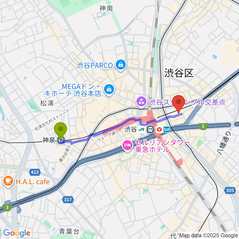 神泉駅から渋谷ヒカリエホールへのルートマップ地図