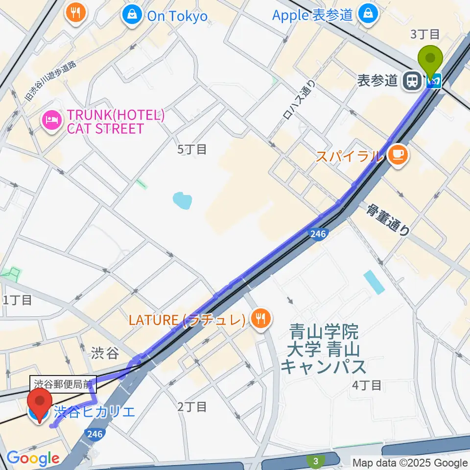 表参道駅から渋谷ヒカリエホールへのルートマップ地図