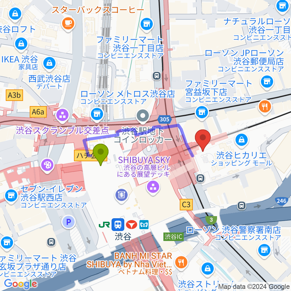 東急シアターオーブの最寄駅渋谷駅からの徒歩ルート（約3分）地図