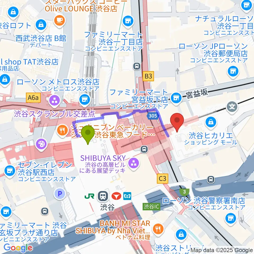 東急シアターオーブの最寄駅渋谷駅からの徒歩ルート（約3分）地図