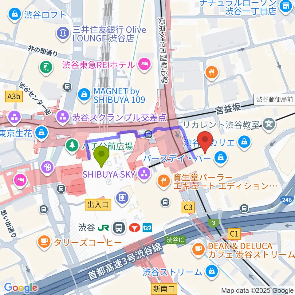 東急シアターオーブの最寄駅渋谷駅からの徒歩ルート（約3分）地図