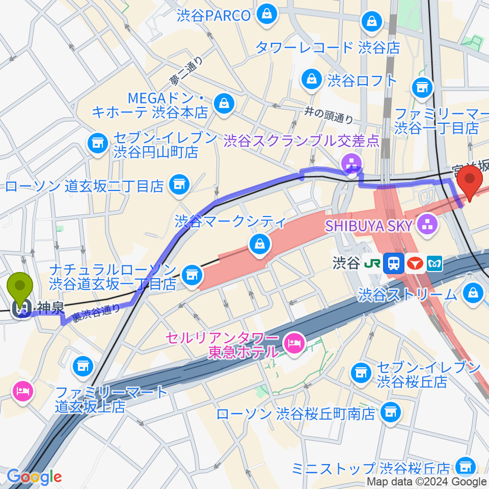 神泉駅から東急シアターオーブへのルートマップ地図