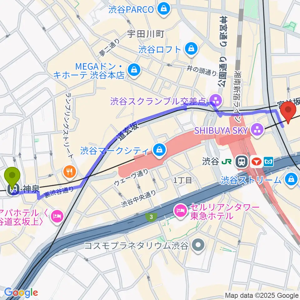 神泉駅から東急シアターオーブへのルートマップ地図