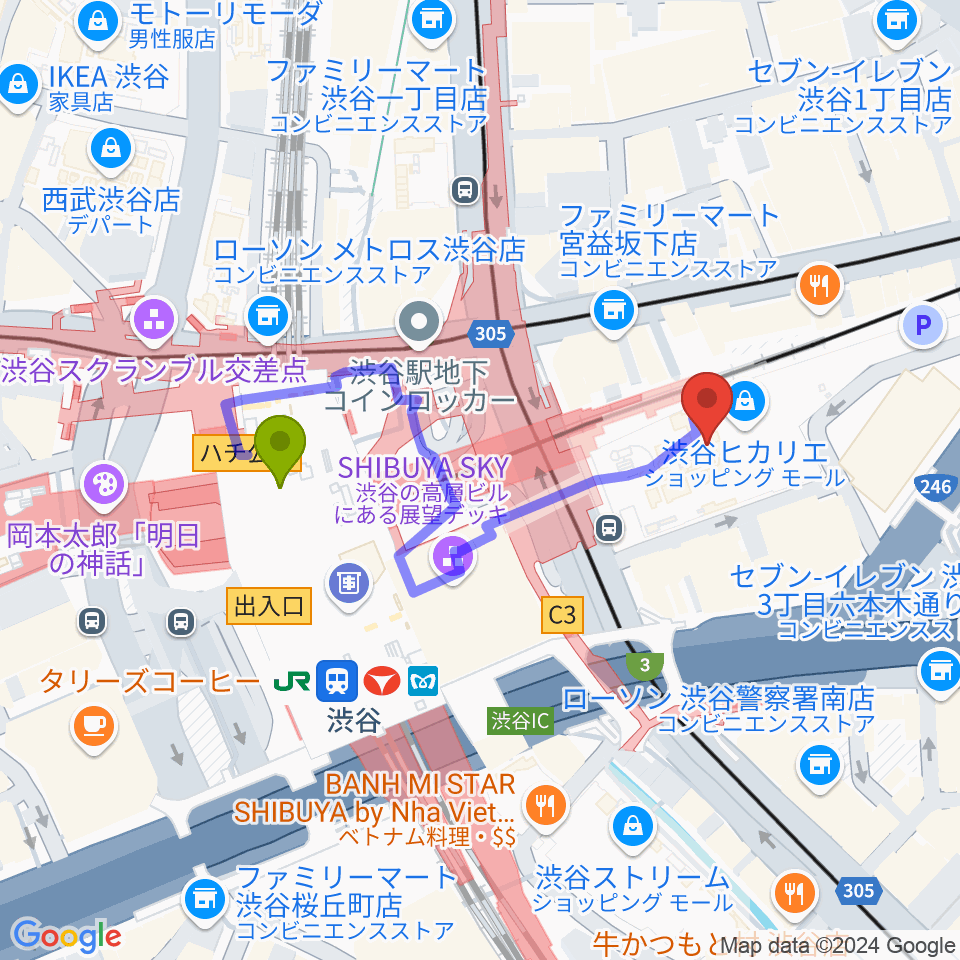 渋谷ヒカリエ 8/（ハチ）の最寄駅渋谷駅からの徒歩ルート（約3分）地図