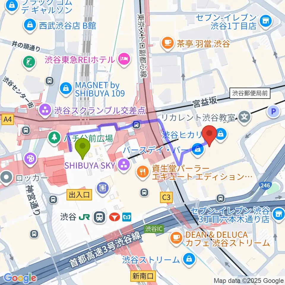 渋谷ヒカリエ 8/（ハチ）の最寄駅渋谷駅からの徒歩ルート（約3分）地図