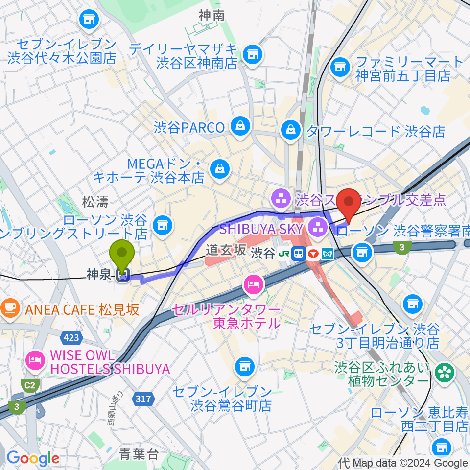 神泉駅から渋谷ヒカリエ 8/（ハチ）へのルートマップ地図