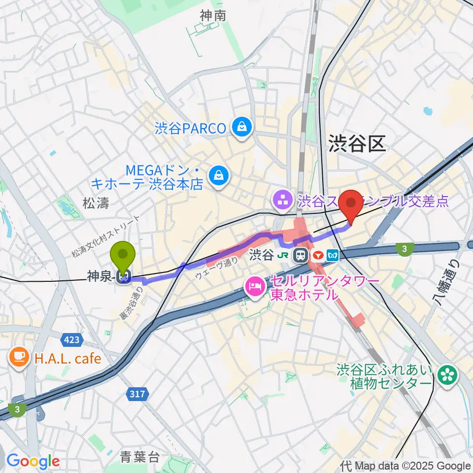 神泉駅から渋谷ヒカリエ 8/（ハチ）へのルートマップ地図
