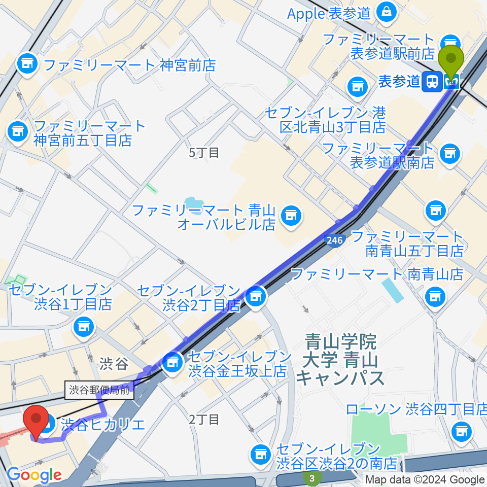 表参道駅から渋谷ヒカリエ 8/（ハチ）へのルートマップ地図