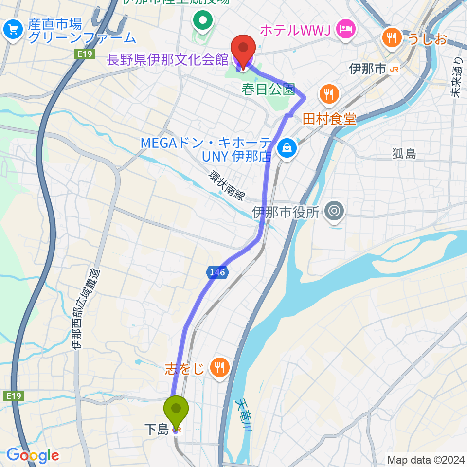 下島駅から長野県伊那文化会館へのルートマップ地図