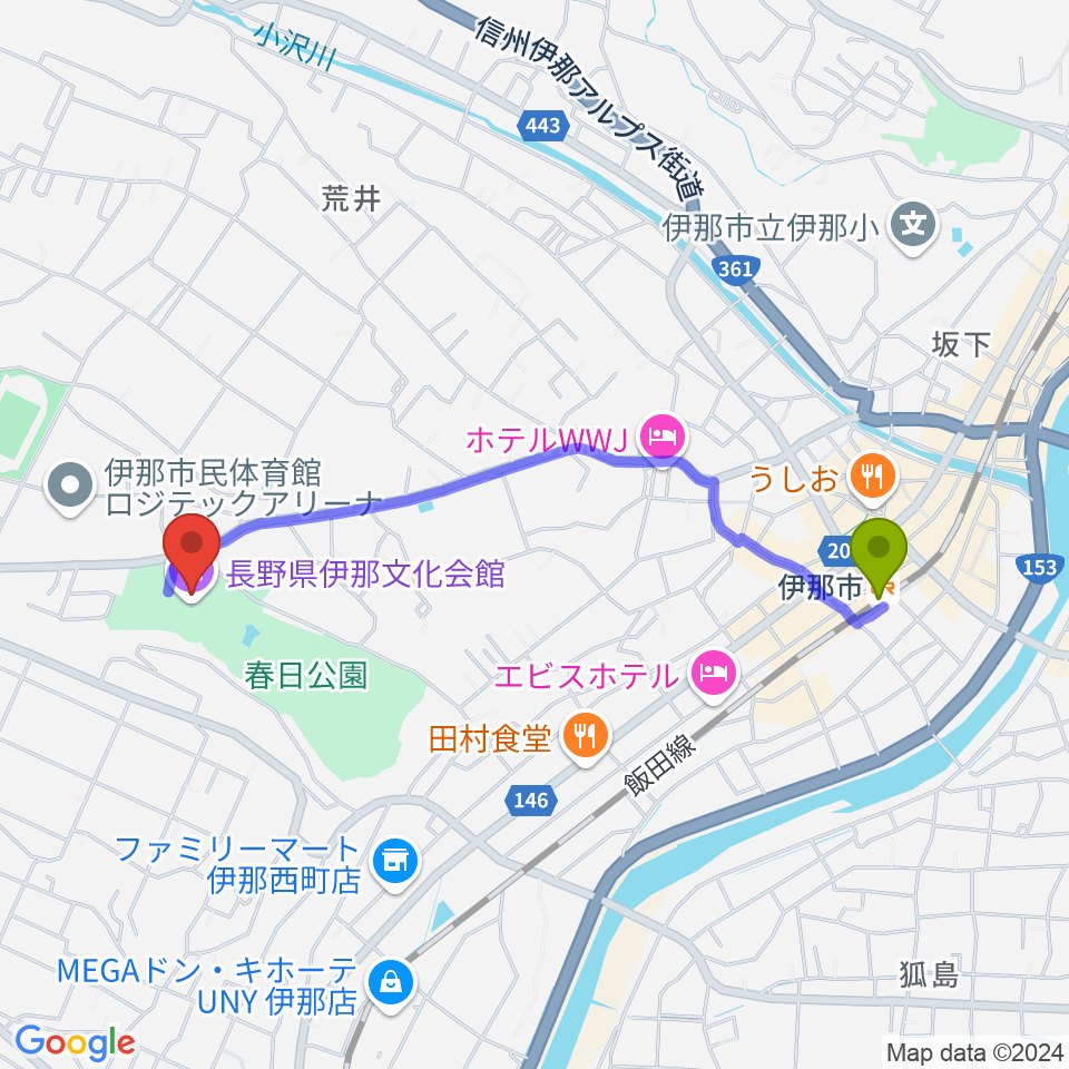 長野県伊那文化会館の最寄駅伊那市駅からの徒歩ルート（約20分）地図