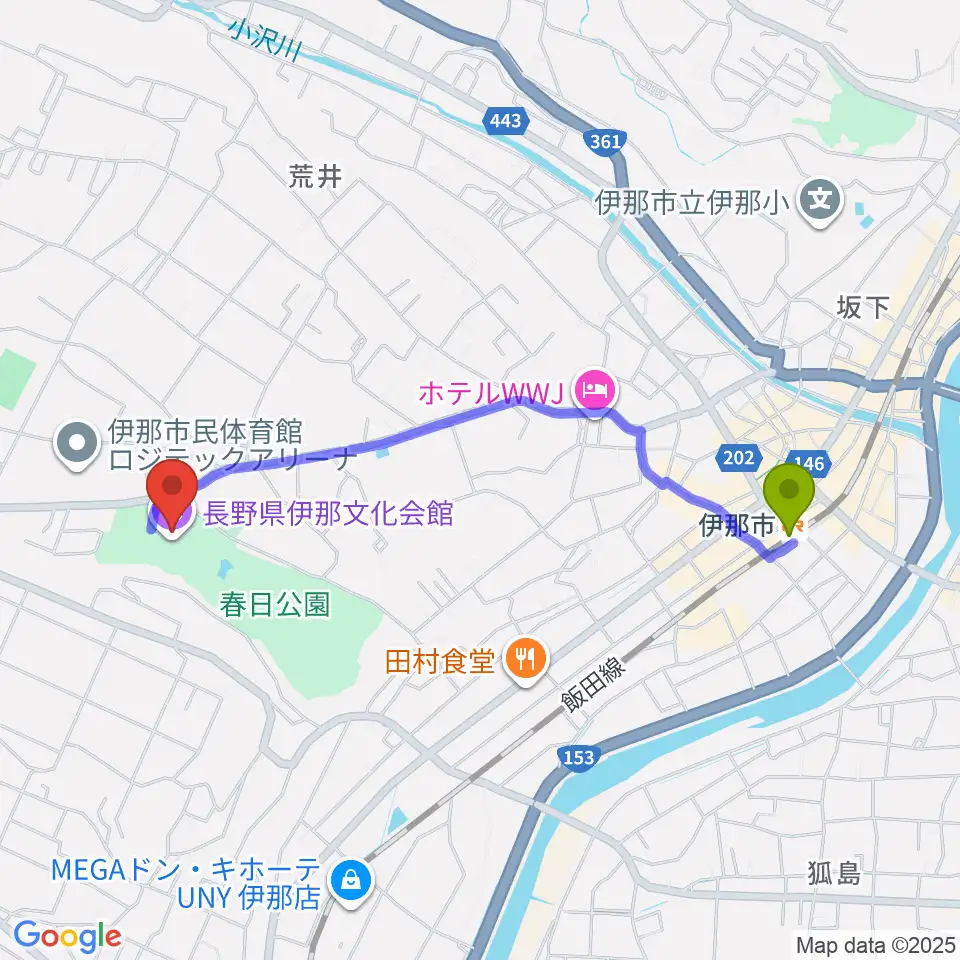 長野県伊那文化会館の最寄駅伊那市駅からの徒歩ルート（約20分）地図