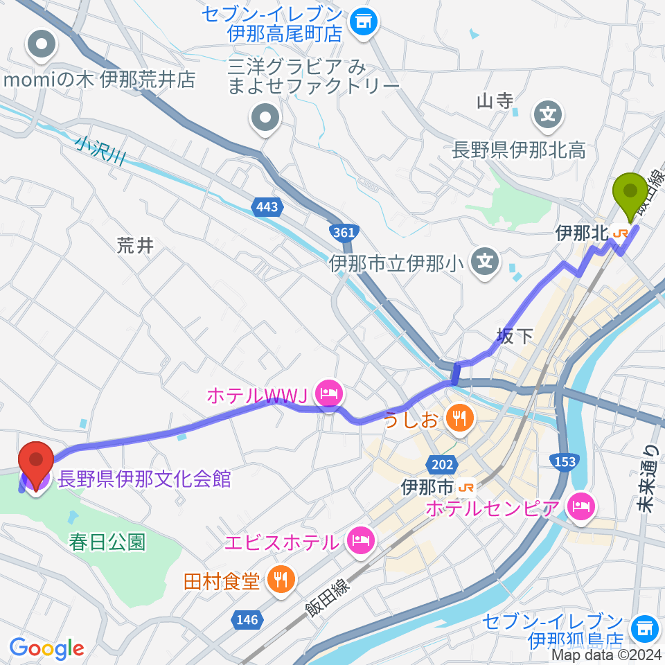 伊那北駅から長野県伊那文化会館へのルートマップ地図