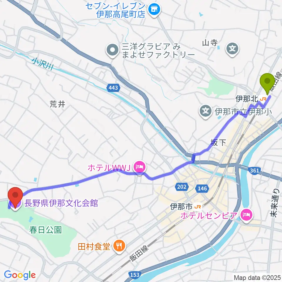 伊那北駅から長野県伊那文化会館へのルートマップ地図
