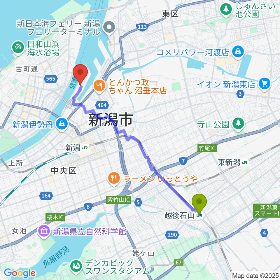 越後石山駅から朱鷺メッセへのルートマップ地図