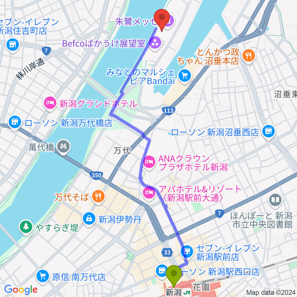 朱鷺メッセの最寄駅新潟駅からの徒歩ルート（約26分）地図