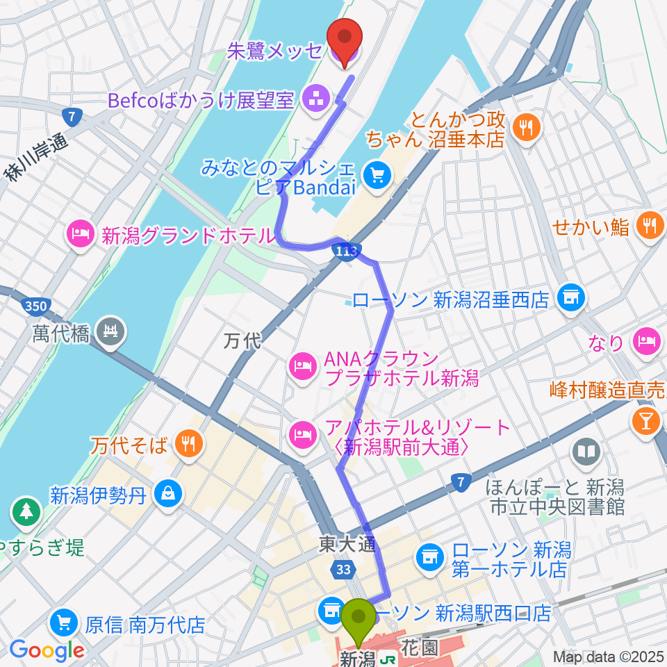 朱鷺メッセの最寄駅新潟駅からの徒歩ルート（約26分）地図