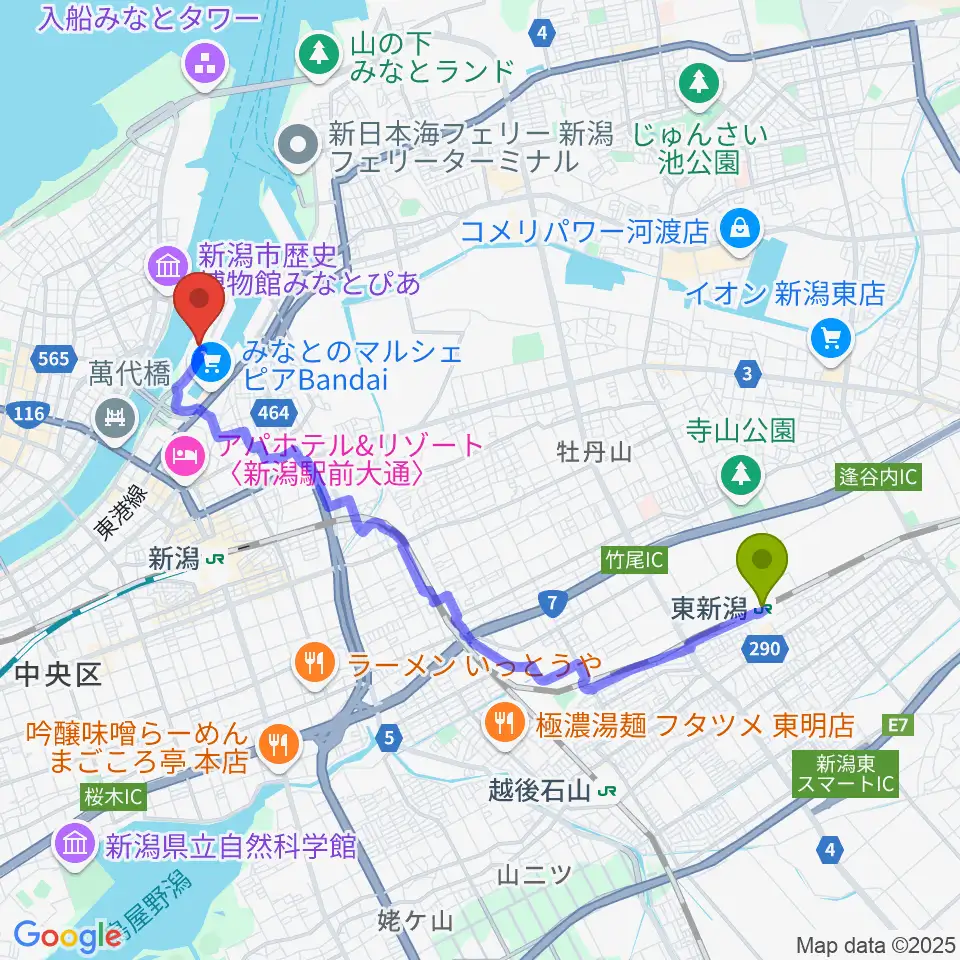 東新潟駅から朱鷺メッセへのルートマップ地図
