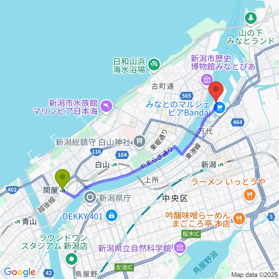 関屋駅から朱鷺メッセへのルートマップ地図