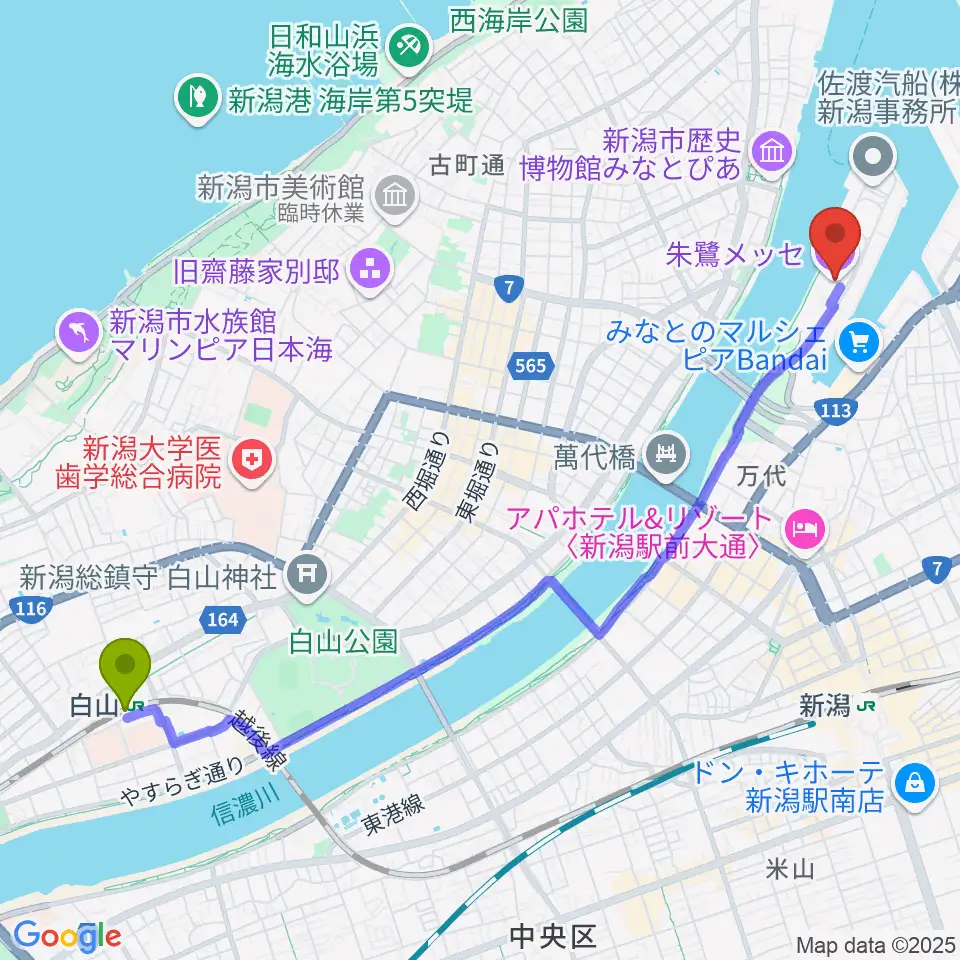 白山駅から朱鷺メッセへのルートマップ地図