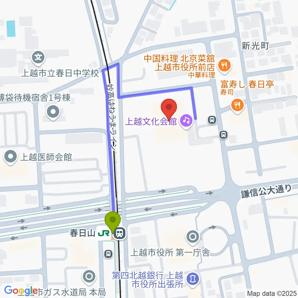 上越文化会館の最寄駅春日山駅からの徒歩ルート（約3分）地図