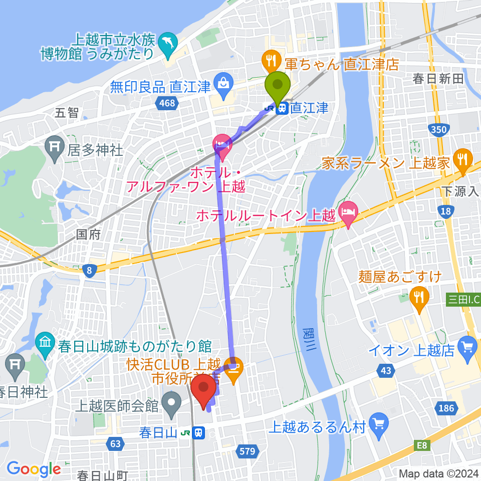直江津駅から上越文化会館へのルートマップ地図
