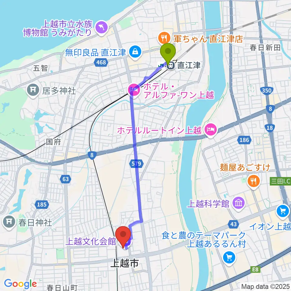 直江津駅から上越文化会館へのルートマップ地図