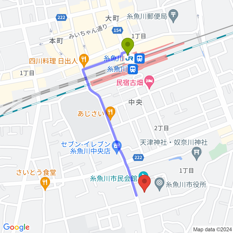 糸魚川市民会館の最寄駅糸魚川駅からの徒歩ルート（約9分）地図