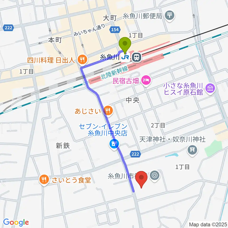 糸魚川市民会館の最寄駅糸魚川駅からの徒歩ルート（約9分）地図