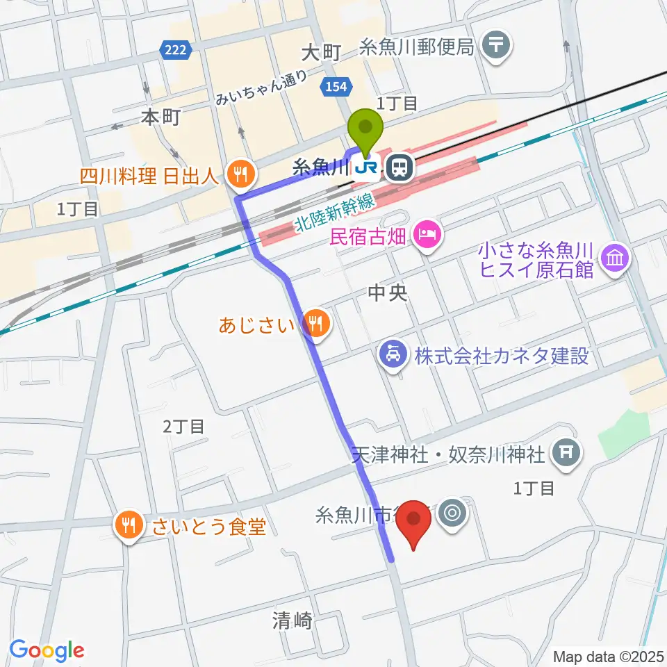 糸魚川市民会館の最寄駅糸魚川駅からの徒歩ルート（約9分）地図