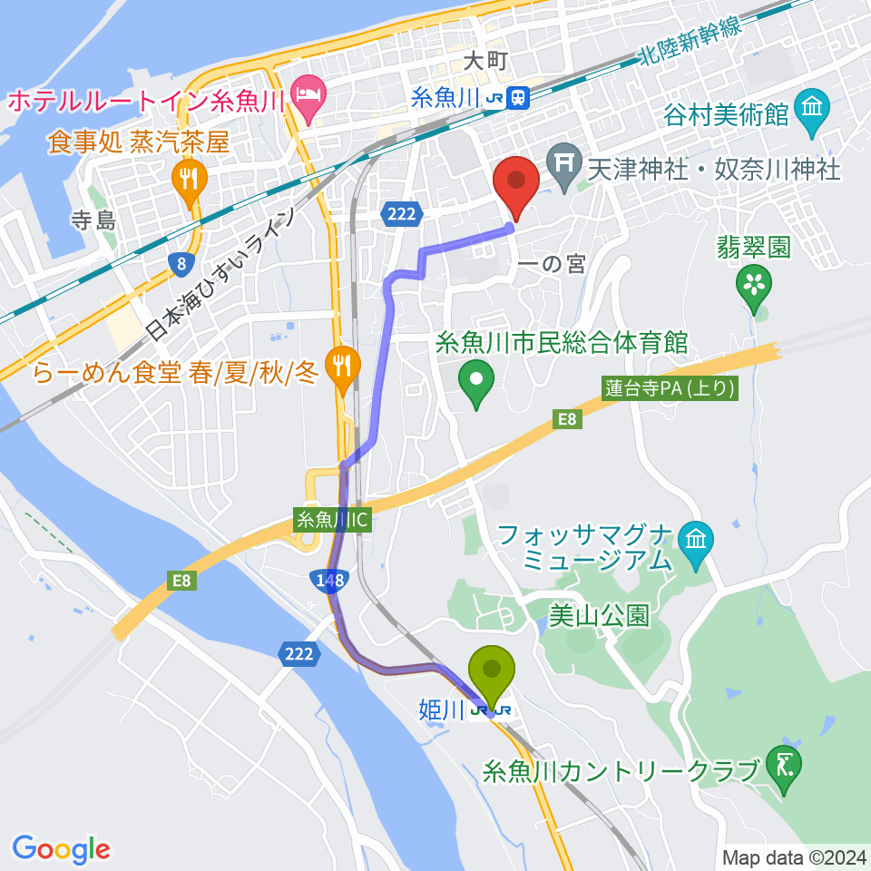 姫川駅から糸魚川市民会館へのルートマップ地図