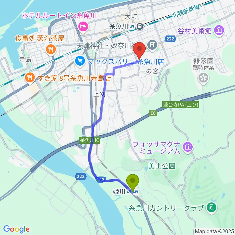 姫川駅から糸魚川市民会館へのルートマップ地図