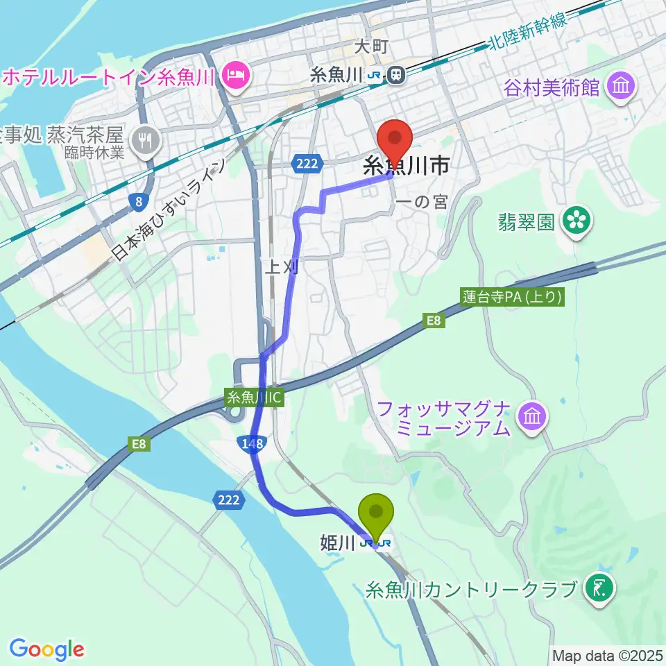 姫川駅から糸魚川市民会館へのルートマップ地図