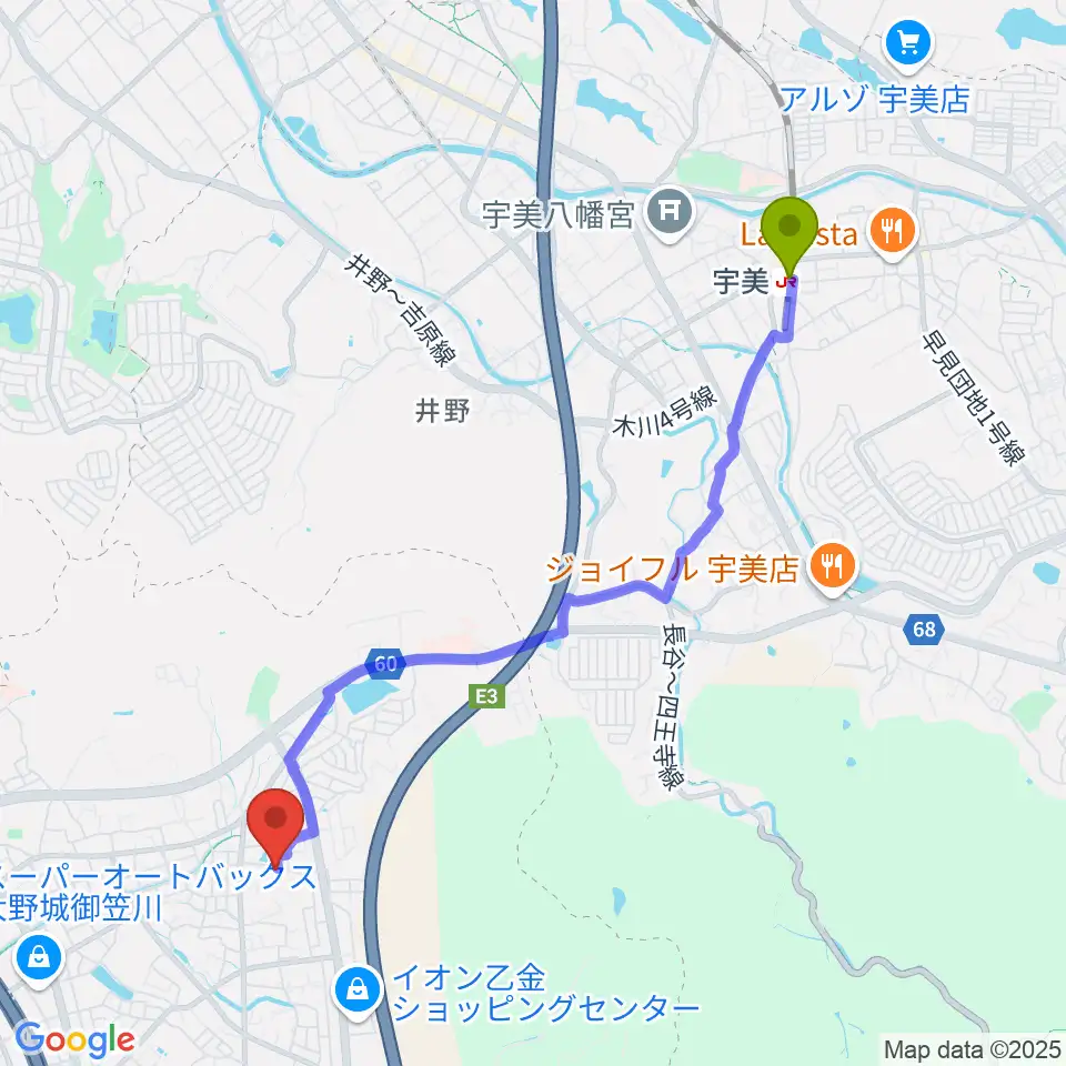 宇美駅から株式会社ピアノターミナルナカムラへのルートマップ地図