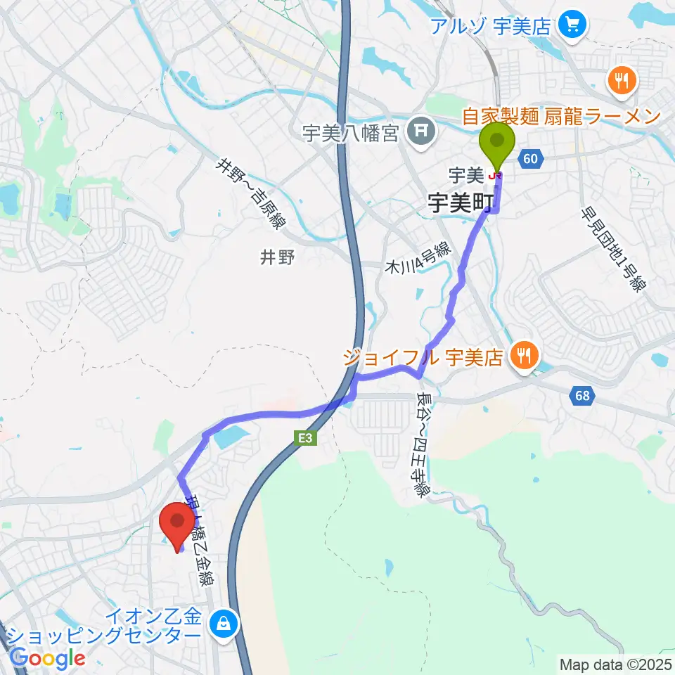 宇美駅から株式会社ピアノターミナルナカムラへのルートマップ地図