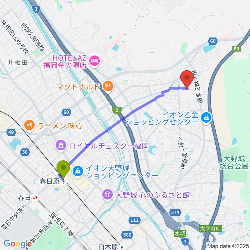 株式会社ピアノターミナルナカムラの最寄駅春日原駅からの徒歩ルート（約39分）地図