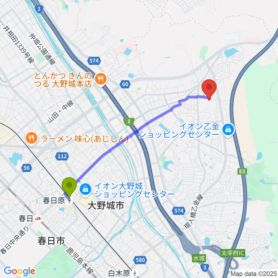 株式会社ピアノターミナルナカムラの最寄駅春日原駅からの徒歩ルート（約39分）地図
