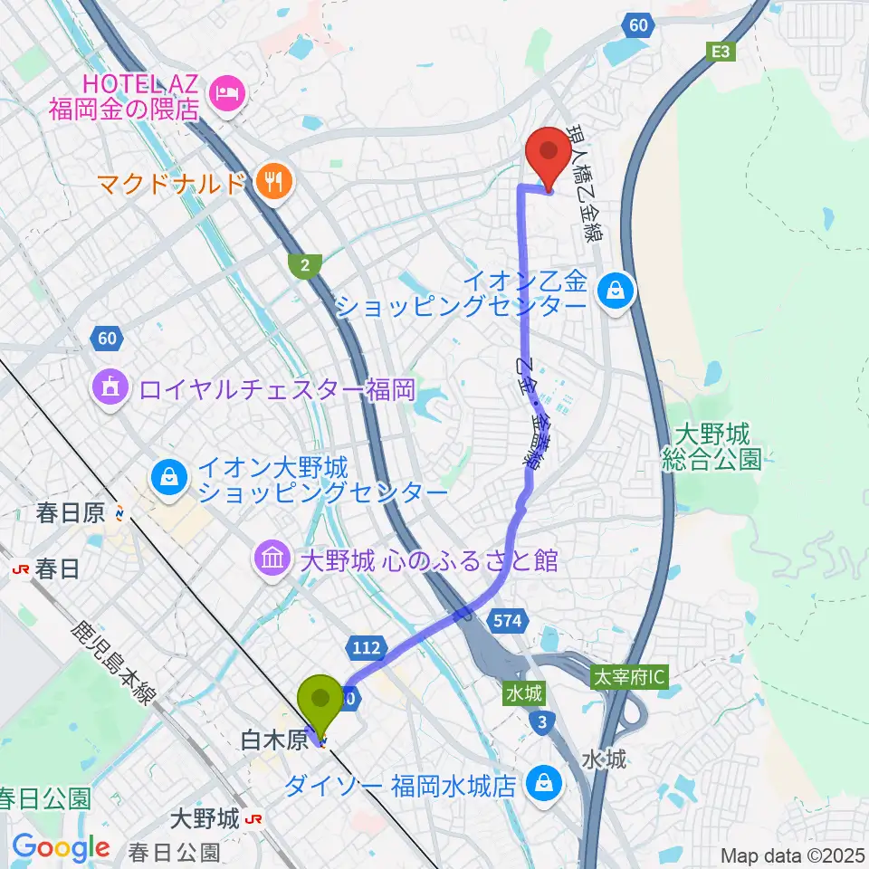 白木原駅から株式会社ピアノターミナルナカムラへのルートマップ地図