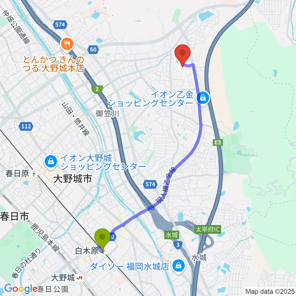 白木原駅から株式会社ピアノターミナルナカムラへのルートマップ地図