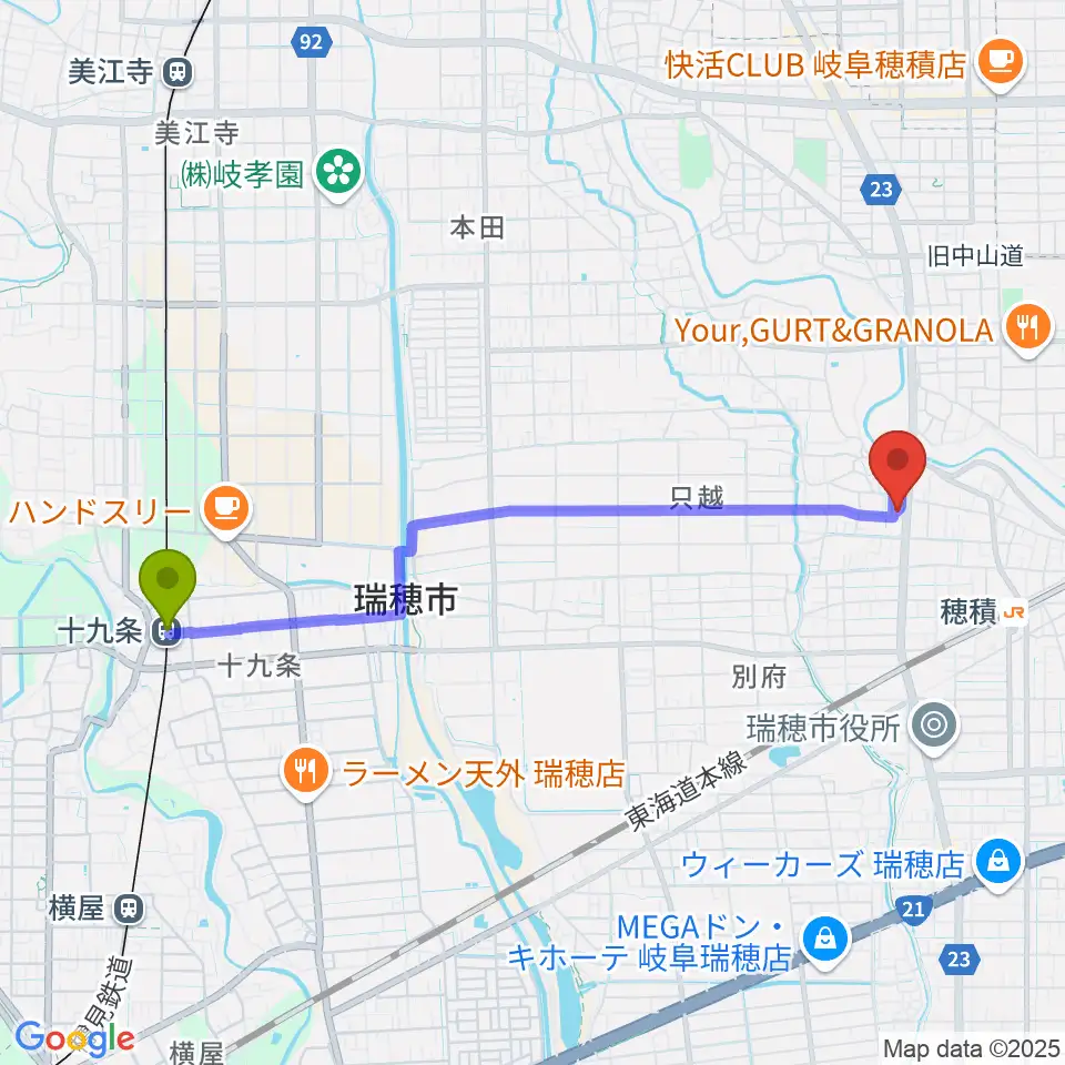 十九条駅から川瀬ギター教室へのルートマップ地図