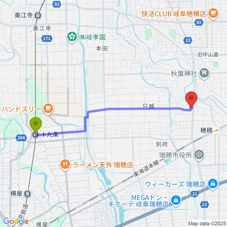 十九条駅から川瀬ギター教室へのルートマップ地図