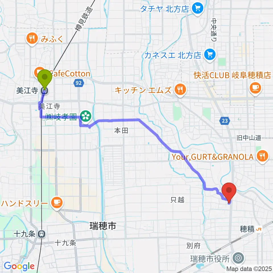 美江寺駅から川瀬ギター教室へのルートマップ地図