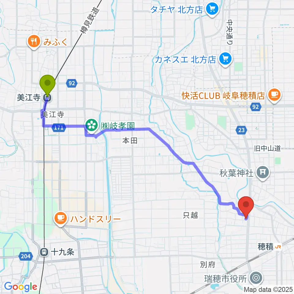 美江寺駅から川瀬ギター教室へのルートマップ地図