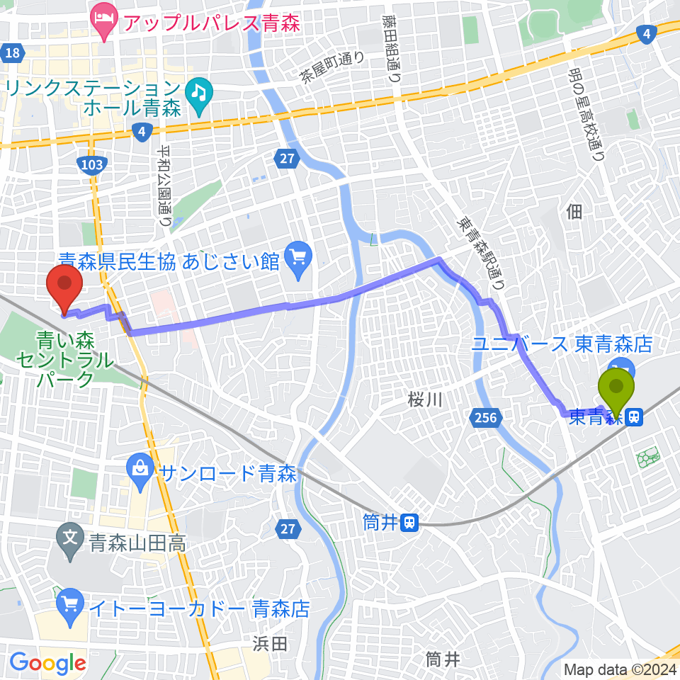 東青森駅からティーズエレキギタークリニック青森へのルートマップ地図