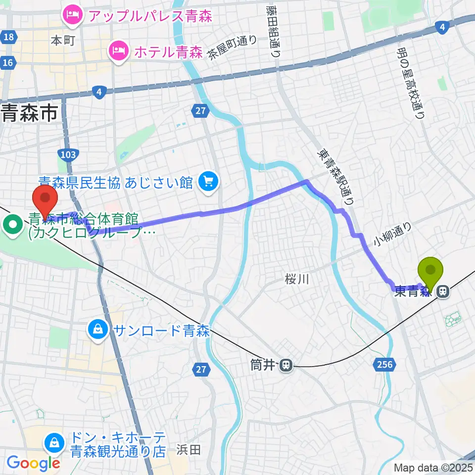 東青森駅からティーズエレキギタークリニック青森へのルートマップ地図